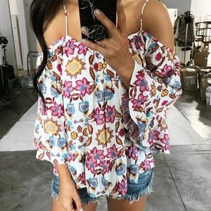 Floral Cold Shoulder Top with Bell Sleeves